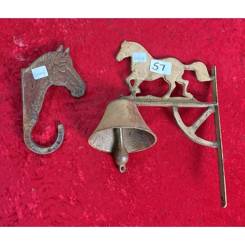 57 - Cast iron horse coat hook and bell with horse on top