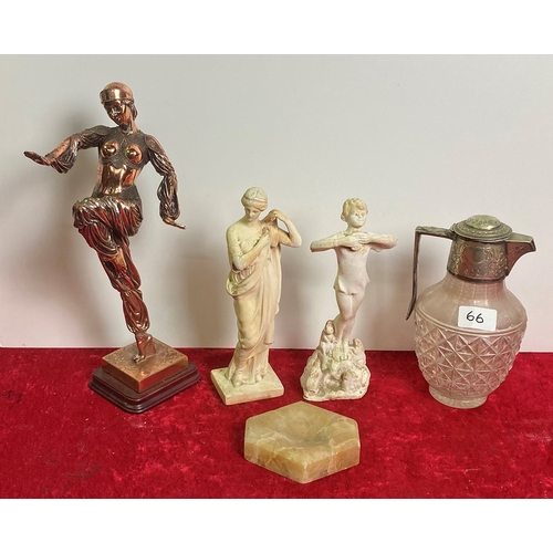 66 - Art deco figure (a/f), 2 Greek style statuettes, alabaster dish and a glass jug