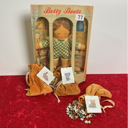 77 - Vintage Betty Boots doll in original box and 3 wooden jigsaws in suede bags