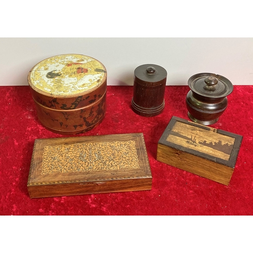 78 - Wooden boxes inc. one circular Japanese themed, marquetry, inlaid card box + more