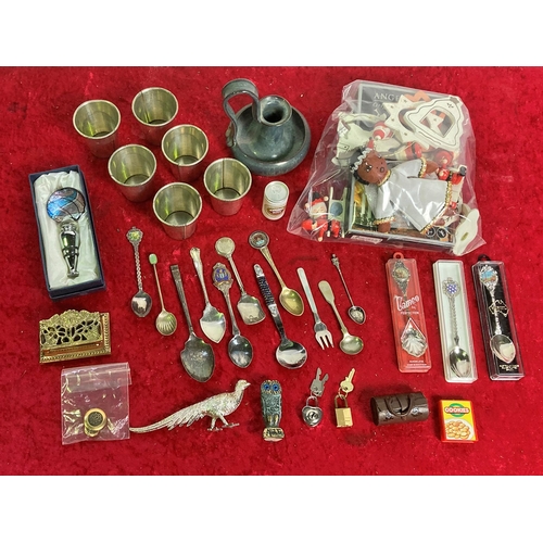 82 - Collectibles inc. Christmas decorations, House of Marbles bottle stopper, brass stamp holder, spoons... 