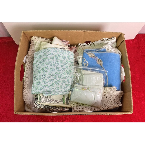 96 - Box of linen including table cloths and handkerchiefs
