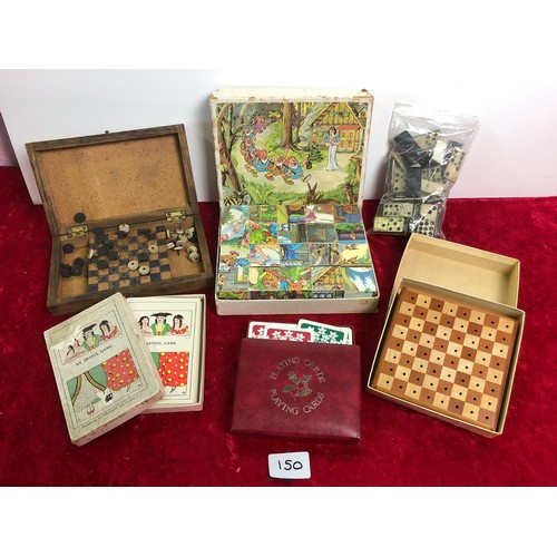 150 - Vintage games inc. wooden chess set, draughts set, dominoes, cards and a Snow White block puzzle