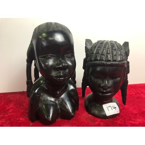 174 - Pair of African ethnic wooden carved figure heads