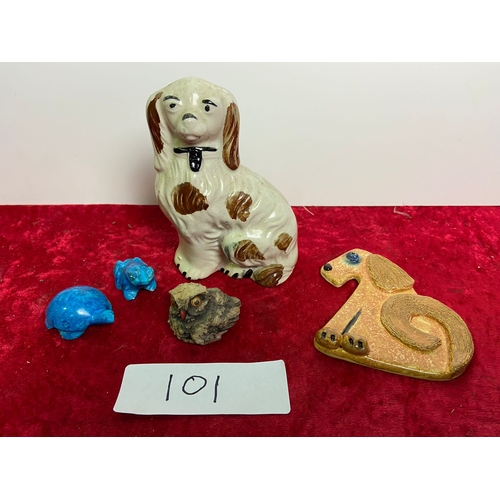 101 - 2 pottery dogs, 2 blue stone animals and an owl