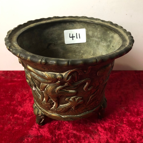 411 - Brass Chinese three legged censor with mark to base