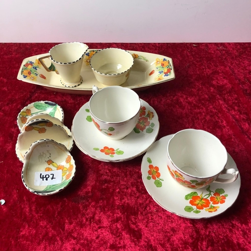 487 - Grindley Lichfield Nasturtium flowers cups and saucers, vintage Burleigh Ware pottery Toast Rack, ju... 