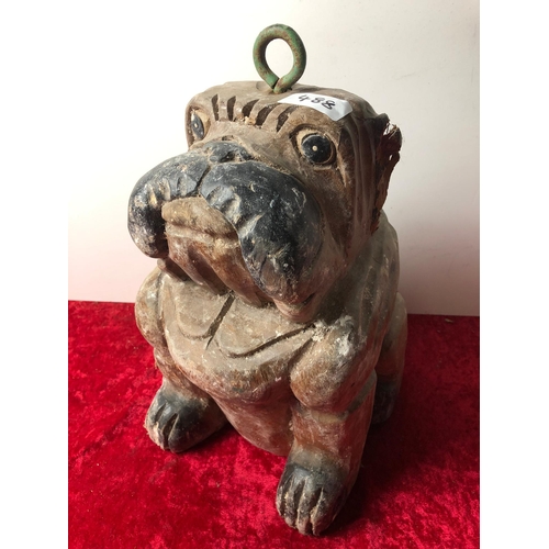 488 - Large old wooden carved dog doorstop with iron ring handle