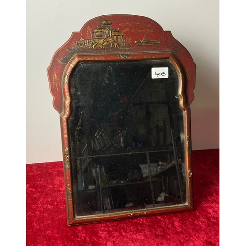 405 - Vintage pagoda Asian red Chinoisiere wall mirror with bevelled glass