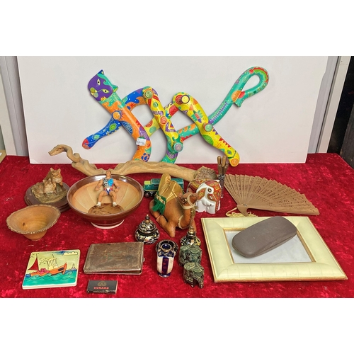 14 - Box of mixed collectibles including carved wooden snake, and a painted wooden cat coat rack