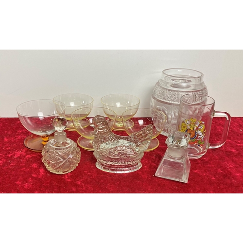 37 - Vintage Glassware including Dessert Dishes, Silver Jubilee Tankard, Chicken and Perfume Bottle