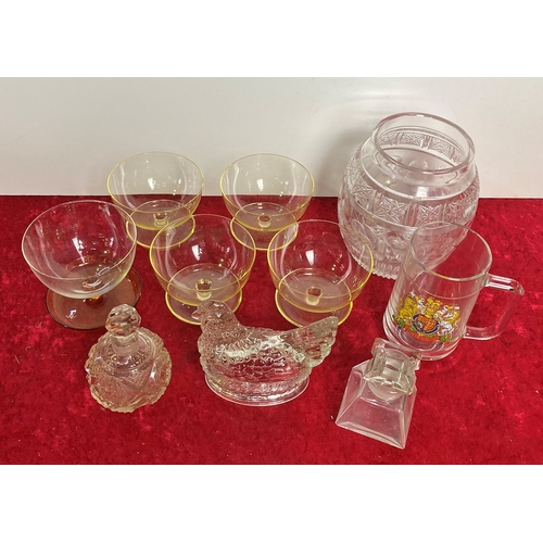 37 - Vintage Glassware including Dessert Dishes, Silver Jubilee Tankard, Chicken and Perfume Bottle