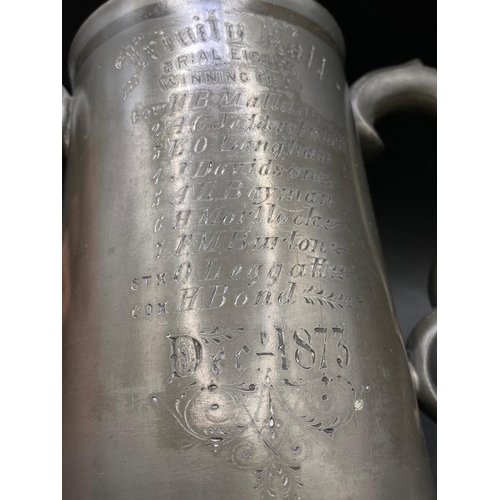 157 - Large pewter tankard with glass base (cracked) inscribed 