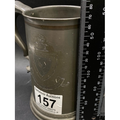 157 - Large pewter tankard with glass base (cracked) inscribed 