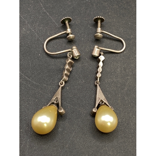 435 - Pair of antique silver and paste drop pendant pearl earings