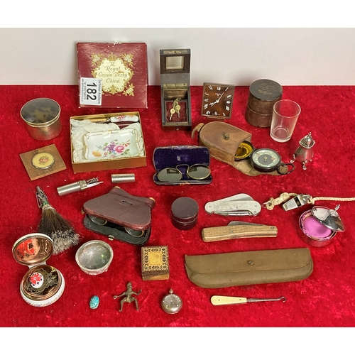 182 - Good selection of collectibles including antique spectacles, compass (a/f), trinket boxes and a whis... 