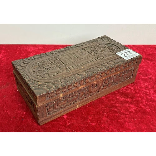 277 - Beautifully carved wooden box with an Eastern theme including elephants