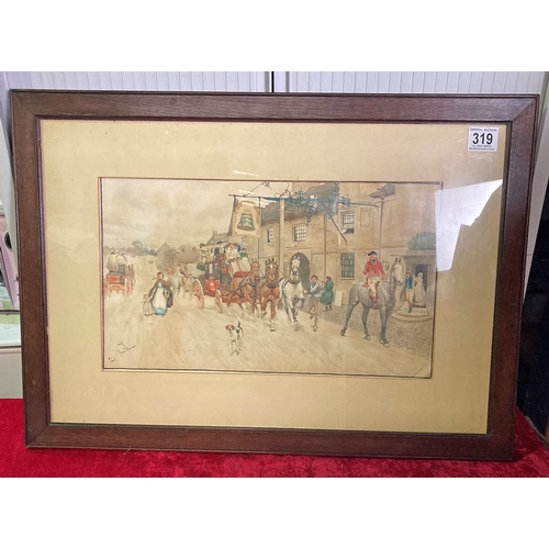 319 - Original Cecil Aldin f/g lithographic print of a huntsman and coach in a village scene- frame approx... 