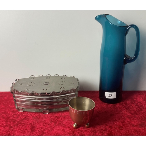 38 - Blue glass jug, vintage glass food warmer, Christening beaker (possiblt silver plate) etc