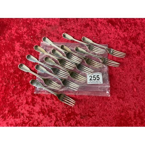 255 - Set of twelve fiddle pattern silver forks, monogrammed on the back, London 1841-2, 540g