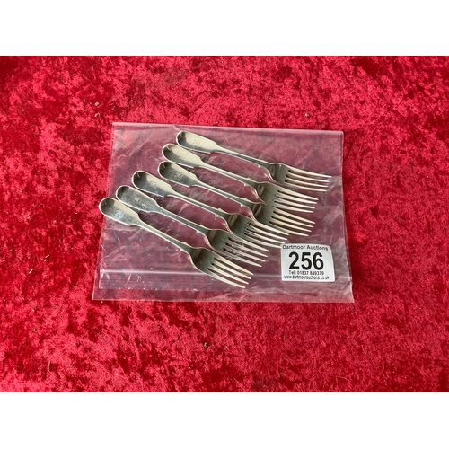 256 - Set of six fiddle pattern monogrammed silver forks, London 1839-40, 270g