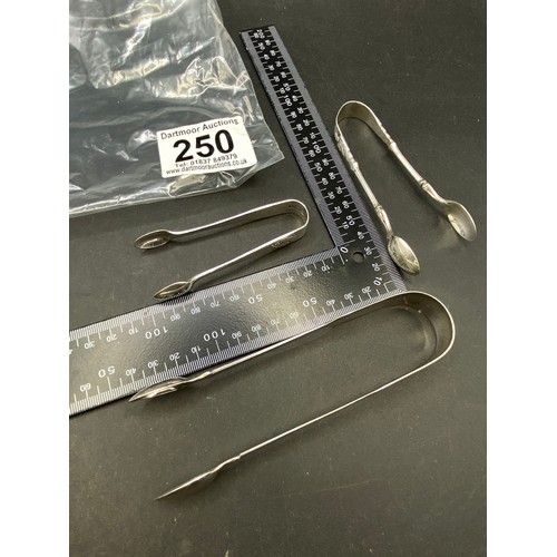 250 - Three pairs of silver sugar tongs, 80g