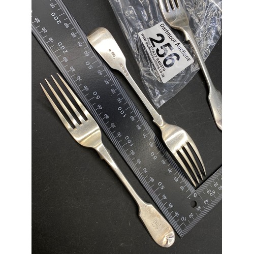 256 - Set of six fiddle pattern monogrammed silver forks, London 1839-40, 270g