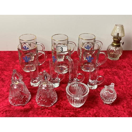 3 - A collection of glassware including 6 Charles & Diana tankards, a small oil lamp and 4 etched liquor... 