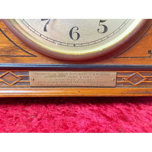 54 - Woodcase mantel clock with plaque inscribed to 
