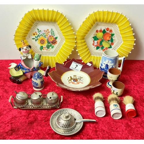 7 - Collectibles including Delft mug, Spode pepper pot, Motto ware eggcups and vintage shaving brushes