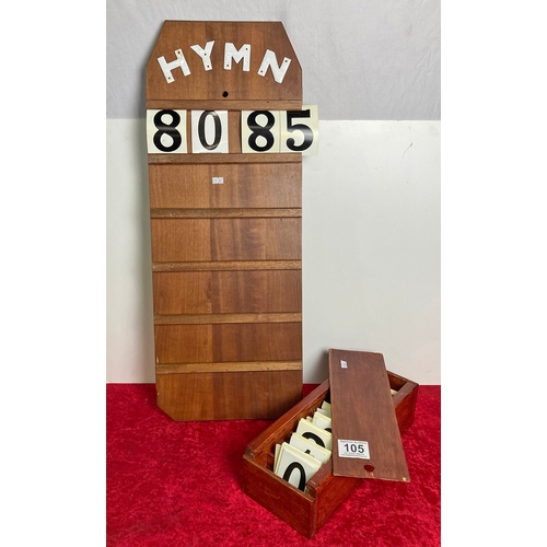 105 - A Hymn Board with box of numbers including some by Shinglers of Sutton