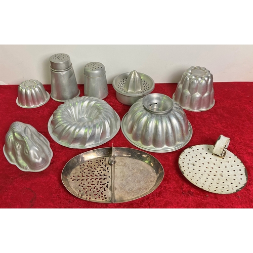 15 - Box of vintage metal kitchenware, cake tins, and jelly moulds