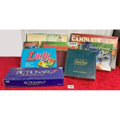 116 - A box of vintage board games including Trivial Pursuit, Scrabble, Campaign and Soccerama