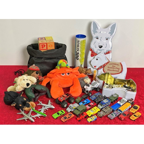 119 - Box of toys including wooden blocks, tin of animals, model cars and aeroplanes