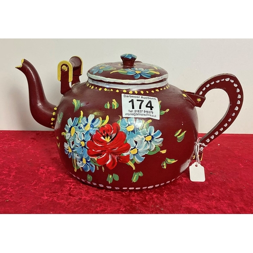 174 - Large Barge/Canal ware painted tin teapot