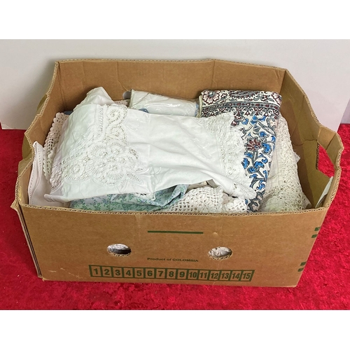 419 - Box of linen including table cloths and handkerchiefs