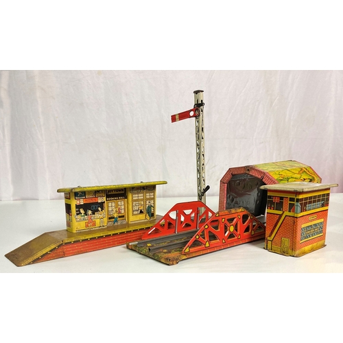 431 - A selection of O-scale tinplate model railway station buildings 'Joytown' by Mettoy