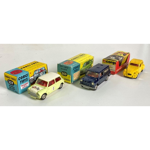 435 - 3 boxed vintage Corgi cars including Morris Mini Cooper 227 Austin mini police van in an Austin Box ... 