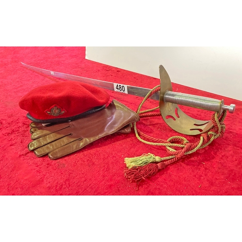 480 - British Army Royal Military Police ceremonial sword, beret and gloves