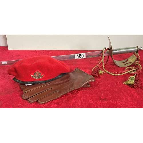 480 - British Army Royal Military Police ceremonial sword, beret and gloves