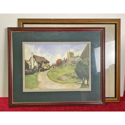 375 - Three framed and glazed watercolours of village scenes including one by Frank Sherwin and one by Kev... 