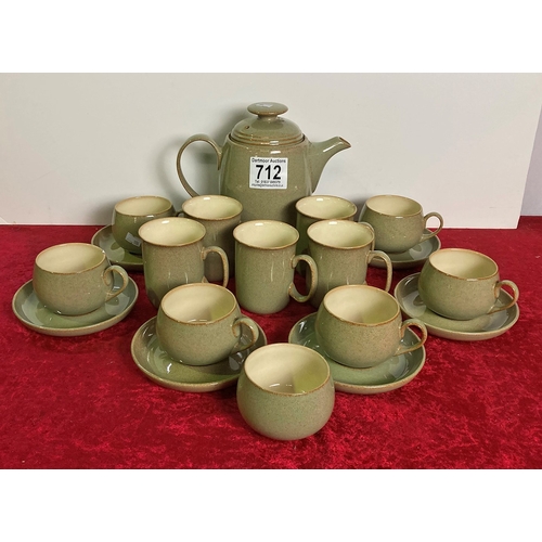 712 - Denby green coffee pot with 5 mugs and 6 cups and saucers