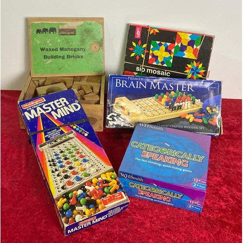 708 - Games including a vintage Waxed Mahogany Building Bricks set