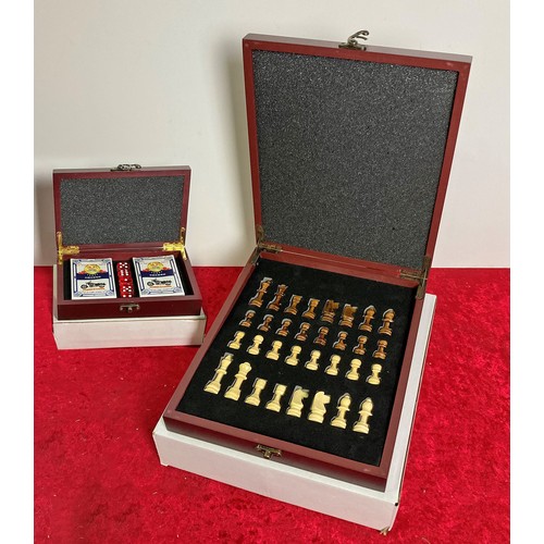 135 - 1 brand new boxed chess set along with a brand new boxed card and dice set