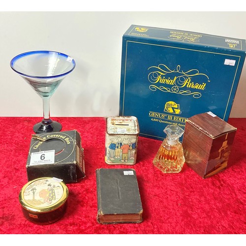 6 - Collectibles including Trivial Pursuit game, Avon boxed perfume, vintage Rupert money box and a larg... 