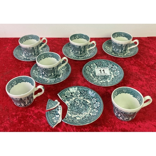 11 - Tudor ware Coaching Taverns 1828 cups and saucers (one saucer a/f)