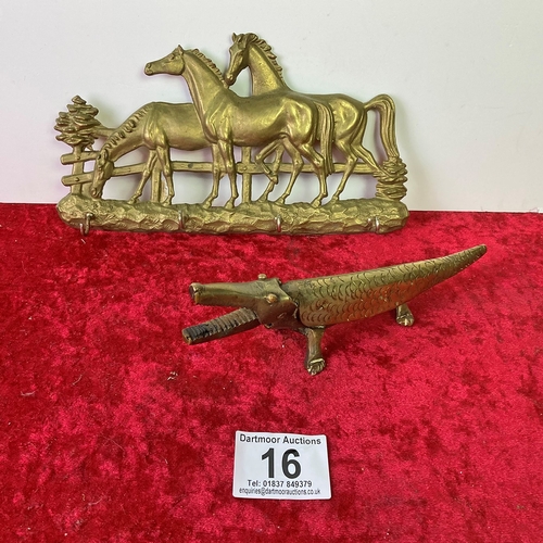 16 - Brass horse key holder / hooks and a brass crocodile nutcracker (presumably to crack the crocodile's... 