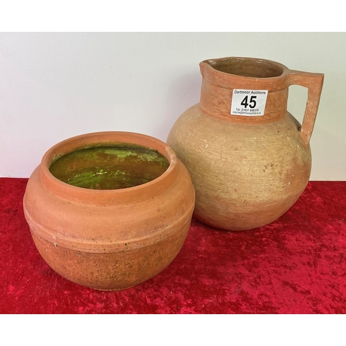45 - Studio pottery terracotta jug and vase