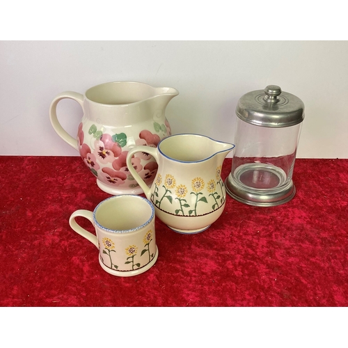 654 - Large Emma Bridgewater Pink Pansy jug, Brixton pottery Dandelion jug and matching mug, and an Italia... 