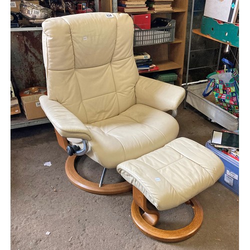 634 - Superb Ekornes Stressless cream coloured reclining swivel chair with foot stool